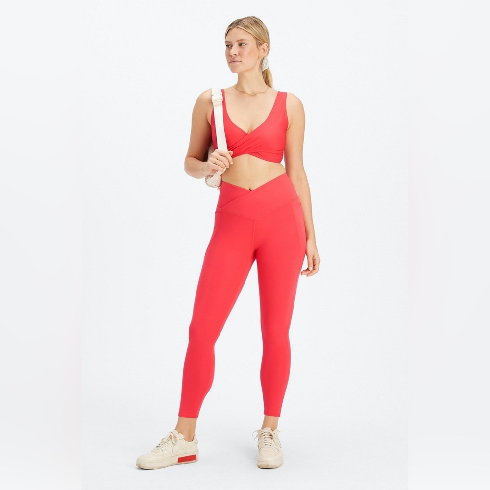 Fabletics V-Waist Leggings and Matching Sports Bra in Coral